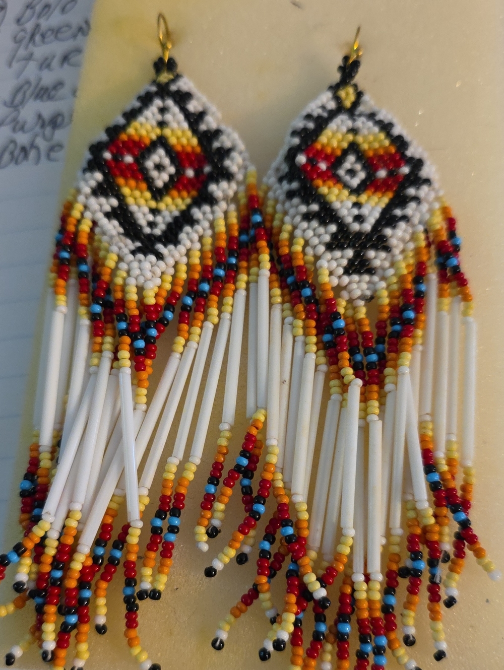 Handmade Beaded Fringe Earrings in White, Red & Yellow